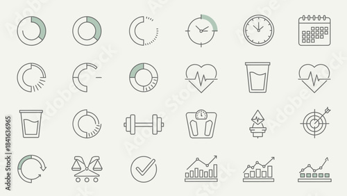 Minimalist line art icons representing health wellness and personal progress tracking for a