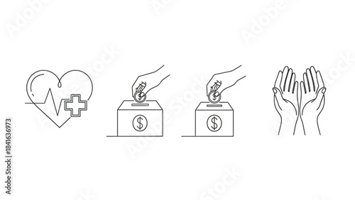 Donation and assistance concept illustrated with heart, hands, box and dollar symbol