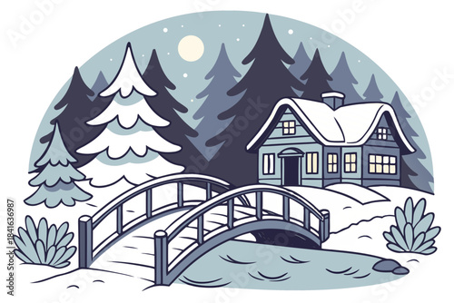 Dreamy snow-covered bridge leading to a magical winter village