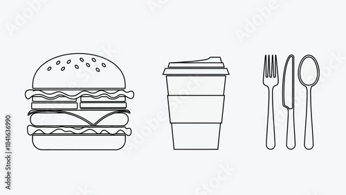 Minimalist fast food lineup: burger beverage and utensils line art illustration