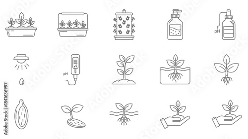 Line Icons Set for Hydroponics and Plant Cultivation, a Modern Growing System