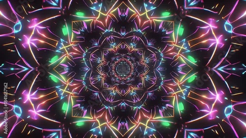 Vibrant Neon Kaleidoscope Tunnel Animation Loop.