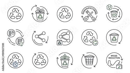 Diverse icons representing sustainability circular economy and eco friendly practices for a