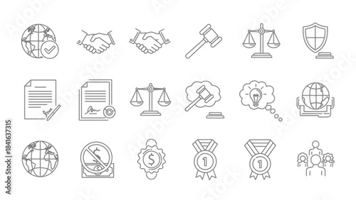 Modern linear icons representing international business law and achievement recognition
