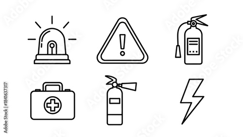 Emergency safety elements for workplace, illustrating protection risks and preparedness with clear
