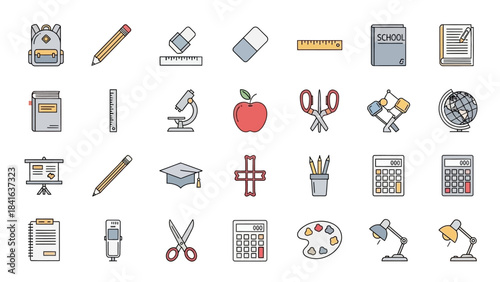 Collection of School and Office Supplies Icons.