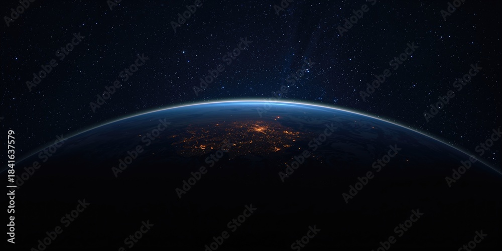 Obraz premium Nighttime view of Earth from outer space highlighting city lights, suitable for digital background design