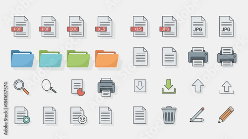 Collection of file management icons, displaying diverse types, formats and actions, suitable for