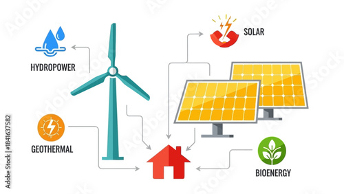 Sustainable energy solutions empowering homes, harnessing solar, wind, geothermal, and hydropower