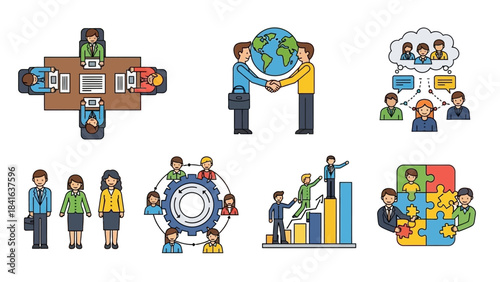 Representation of global cooperation teamwork achievements and brainstorming business scenes and