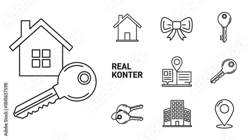 Minimalist real estate icons representing property, location and keys in black line art style