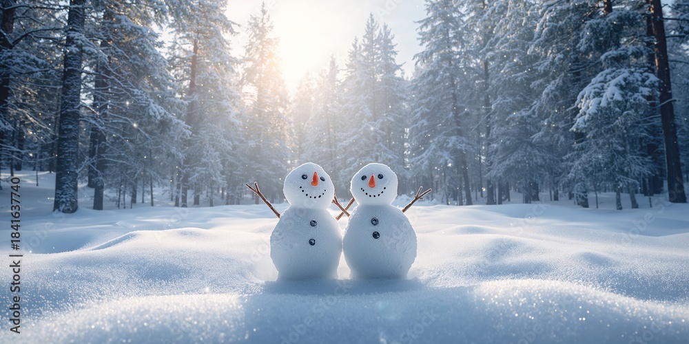 Obraz premium Winter woodland scene with two snowmen, seasonal holiday decoration