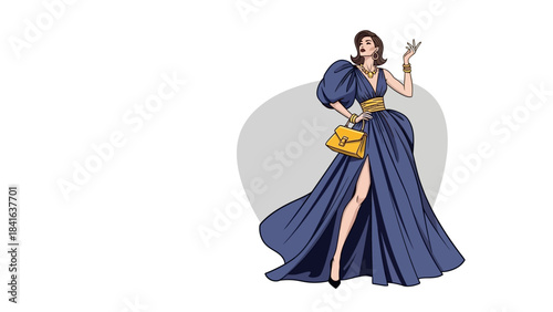 Elegance embodied in a woman's attire featuring a flowing gown and confident poise