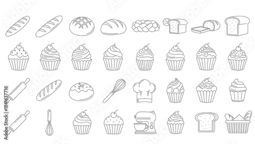 Charming bakery and pastry line art illustration showcasing bread, cupcakes, and baking tools