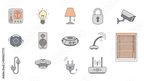 Various smart home automation device line icons, representing a modern connected lifestyle minimal