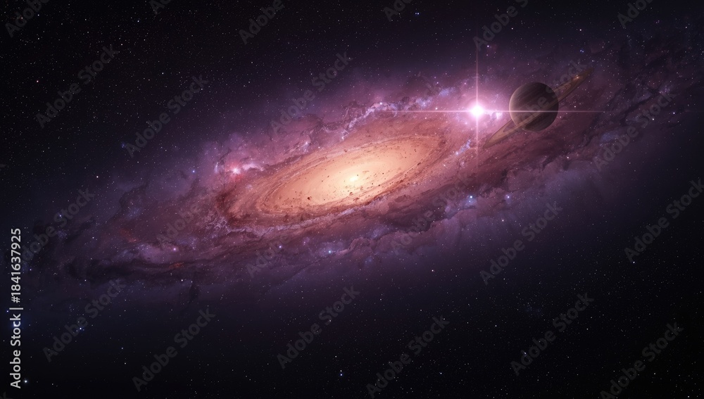 Obraz premium Astronomical image of a galaxy with swirling patterns and bright stars, used as an editorial header background, International Astronomy Day