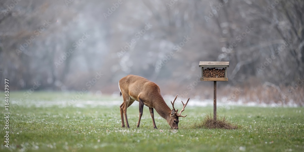 Fototapeta premium Deer feeding beneath a bird feeder in a natural setting, wildlife interaction