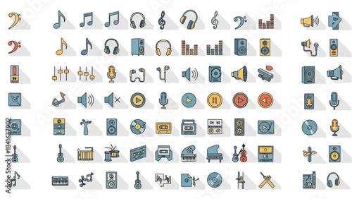 Diverse vector collection of music and audio elements, ideal for design purposes and artistic