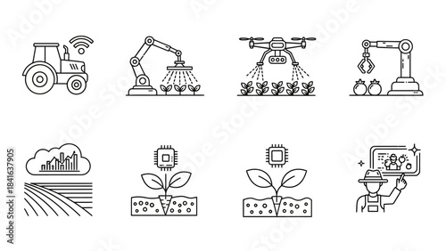 Innovative Farming Technologies: Streamlined Icons Illustrating Automation in Agriculture Precision