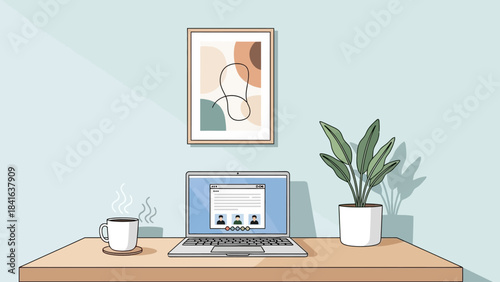 Stylized home office setup with virtual meeting and modern aesthetic elements illustration