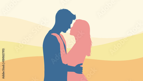 Romantic embrace silhouette of a couple against a soft pastel landscape conveying love tender