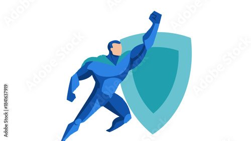 Stylized superhero character in dynamic pose symbolizing protection and unwavering strength