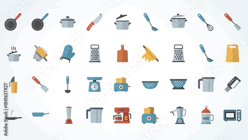 Collection of kitchen utensils and cooking tools in minimalist flat design style
