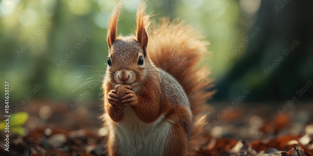 Fototapeta premium Squirrel with vibrant red coat grasping a nut in its mouth, illustrating foraging activity