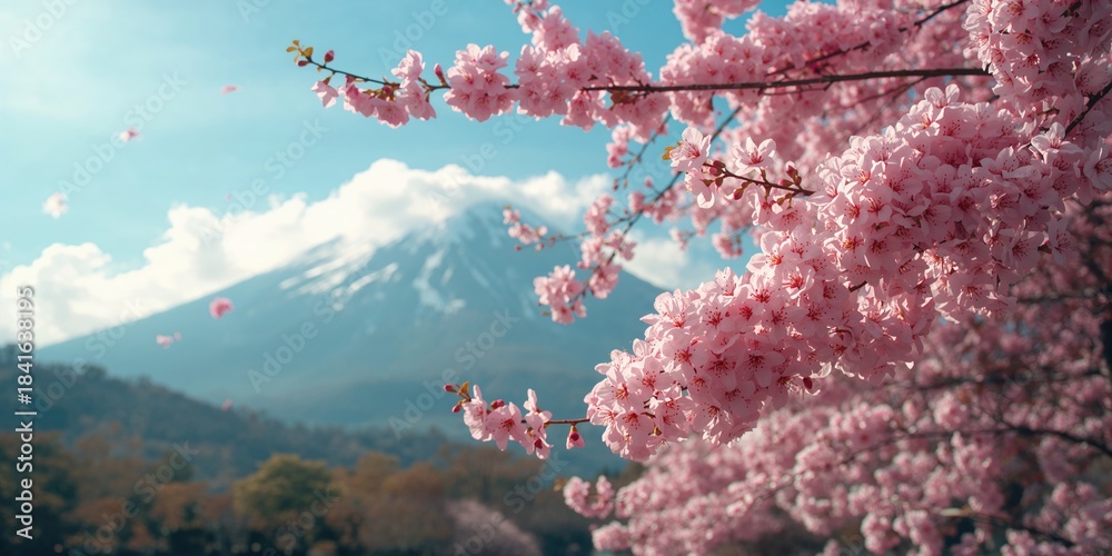 Obraz premium Mountain landscape with blooming cherry trees, highlighting seasonal renewal