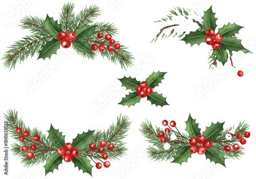 Elegant digital watercolor borders featuring emerald pine and holly, bright crimson berries, and subtle gold dusting on a clean white background, high-quality festive design asset concept