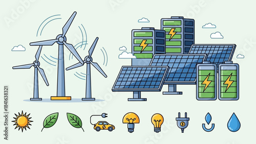 Clean energy solutions showcase with wind turbines solar panels and battery storage