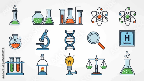 Vibrant science icon collection exhibiting diverse scientific equipment and representations