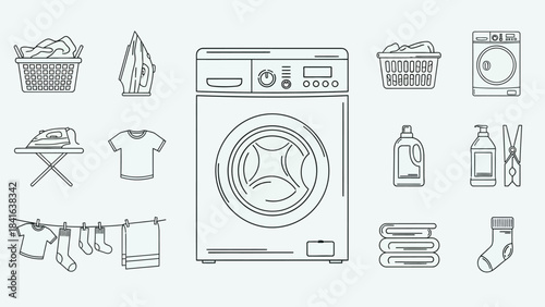 Line art laundry room essentials showcasing appliances and cleaning items in a minimalist style