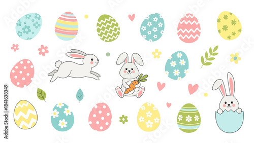 Whimsical easter celebration pattern with playful bunnies and pastel decorated eggs