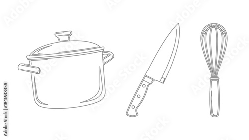 Simple culinary outline illustrations of cooking pot, knife and whisk for recipe design