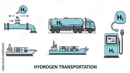 Hydrogen transportation infrastructure: vector illustration of distribution methods for green energy