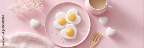 Heart-shaped breakfast with eggs and creamy coffee on pink table setting
