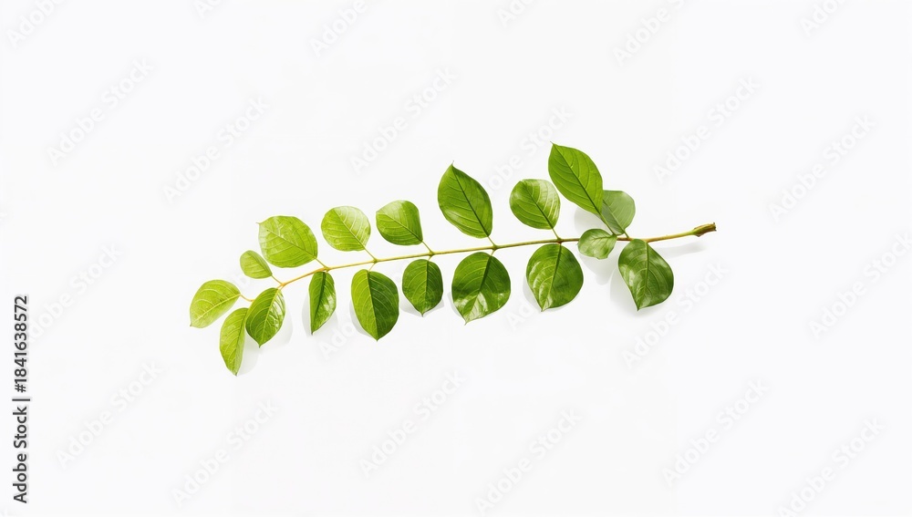Obraz premium Single green leaf branch on white surface, used for botanical or nature-themed UI backgrounds