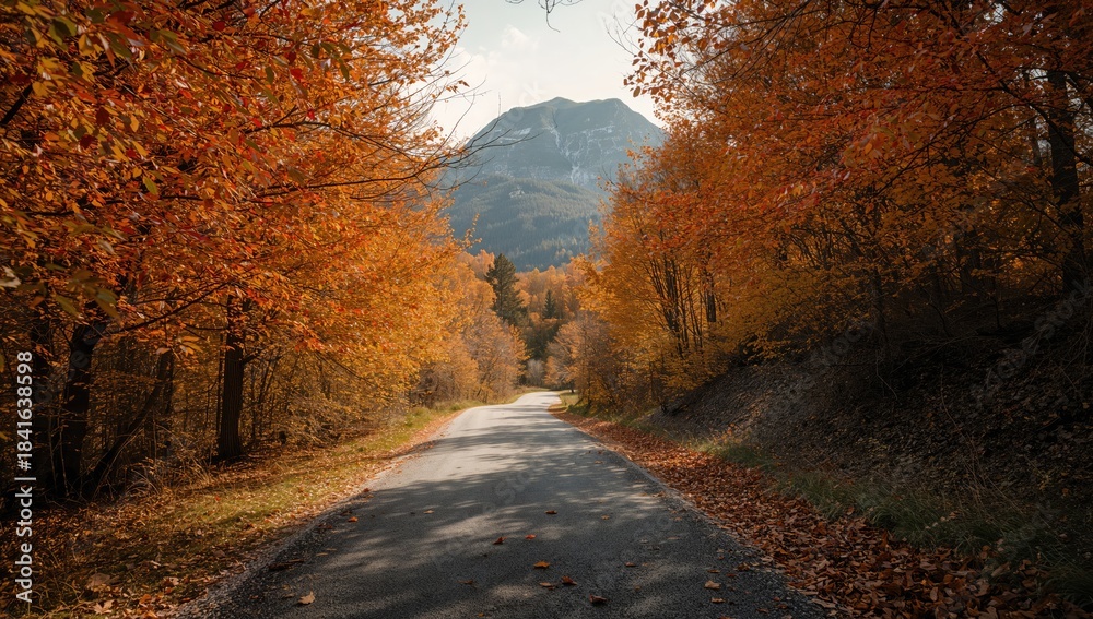 Fototapeta premium Fallen leaves and trees lining a non-asphalt street during autumn, mountain and forest in the distance, seasonal change