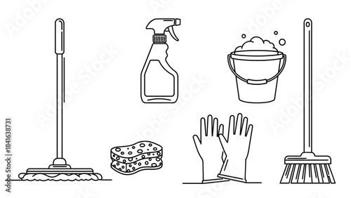 Essential cleaning tools outlined: mop, spray bottle, bucket, sponge, gloves and brush