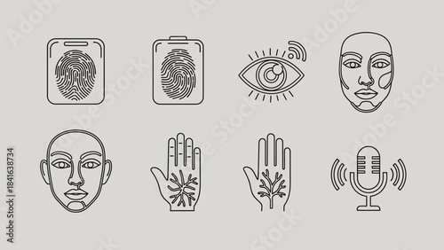 Futuristic identity verification technologies icons showcasing human and technological integration