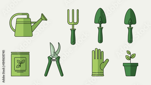 Essential green gardening tools and supplies icons, presented in a flat and visually appealing style