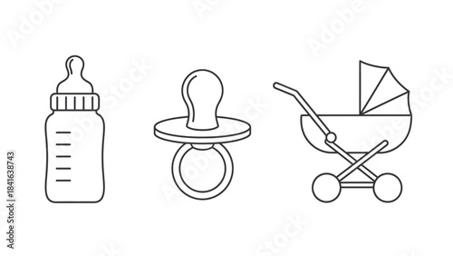Outlined illustrations showcasing baby essentials like a bottle, pacifier and stroller