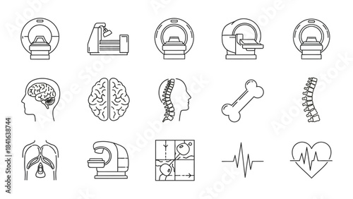 Medical imaging line icons showcasing scanners and anatomical features of human health diagnostics