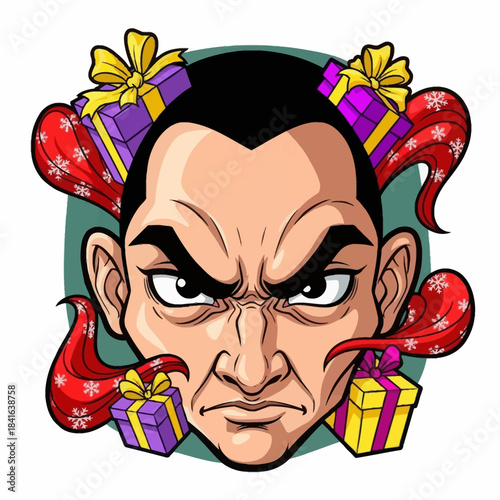 Grumpy cartoon man with an intense expression surrounded by brightly wrapped holiday gift boxes and snowflakes