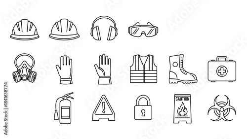Line art illustration showcasing a collection of occupational safety and health equipment icons