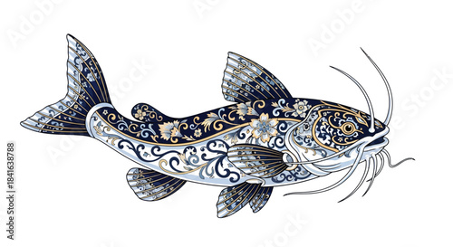 Detailed catfish artwork showcasing intricate floral and decorative patterns in blue shades