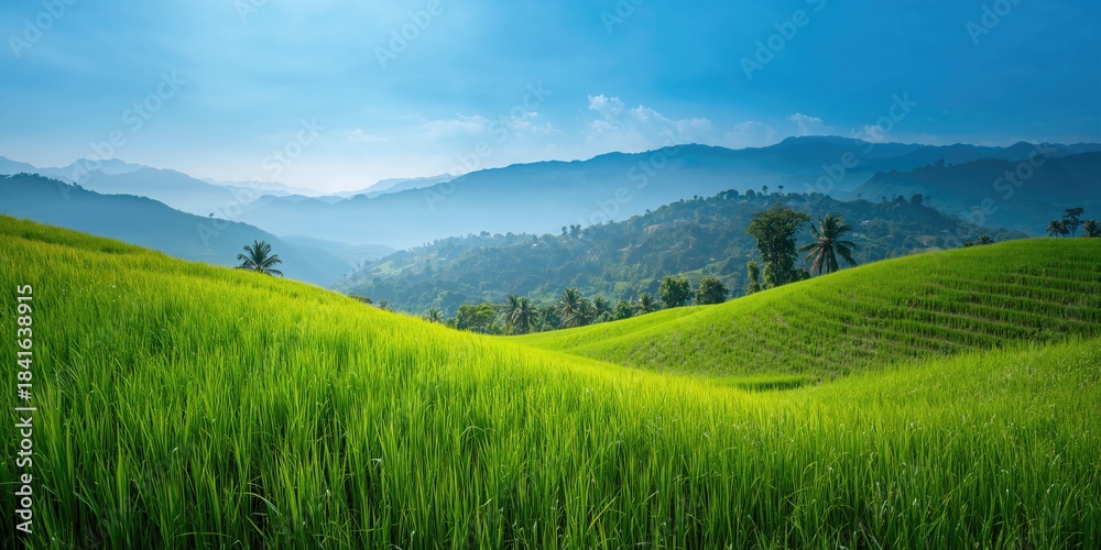 Naklejka premium Mountain landscape with lush rice terraces in Phetchabun province, Thailand, seasonal agricultural scene