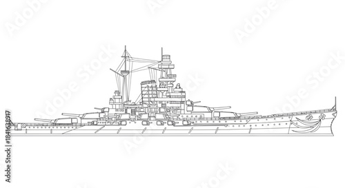 Detailed line art depiction of an imperial era battleship, showcasing naval engineering prowess