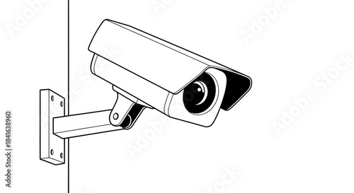 Detailed line art of a security camera mounted on a wall creating a visual sense of surveillance